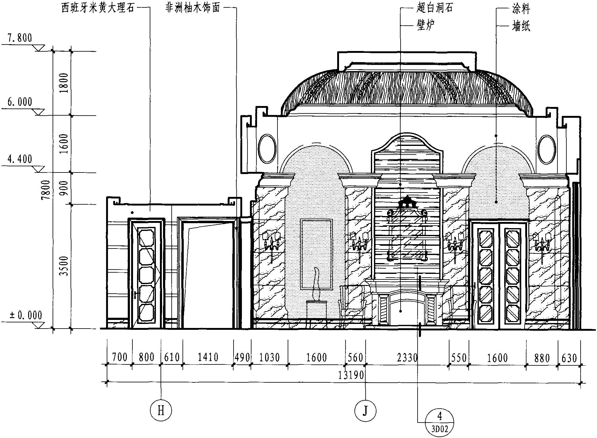 三层总统房客厅D立面图 1:100